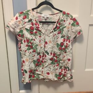 C&C California White Strawberry Print Short Sleeve Blouse